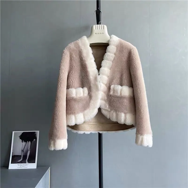 2023 Winter New Xiaoxiangfeng Sheep Shear Coat Real Wool Fur One-piece Short Fur Jacket Young Style T3460