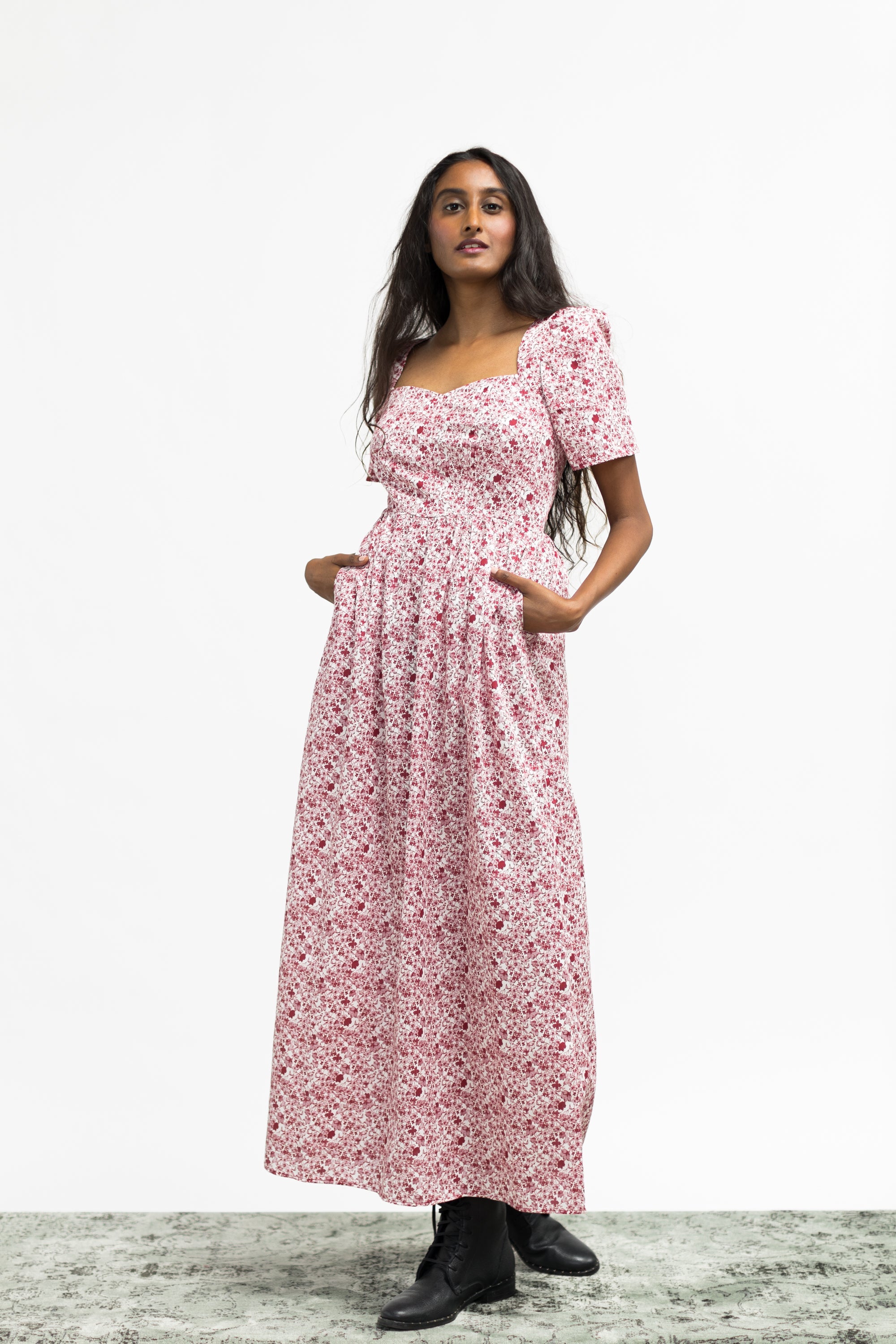 Beatrice Maxi Dress With Sweetheart Neckline / Pink + Milkly White Liberty Floral Cotton