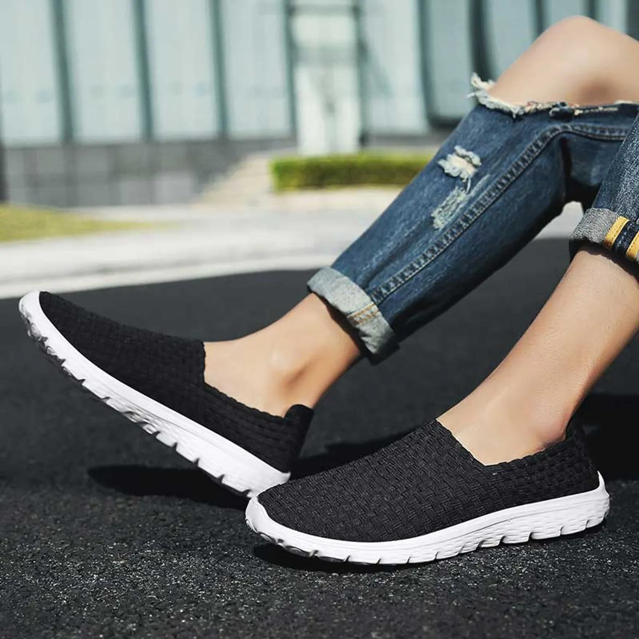 Black knit pattern simple slip on shoe sneaker