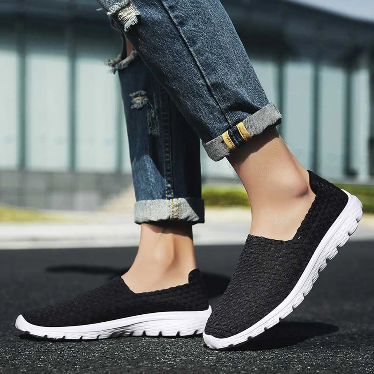 Black knit pattern simple slip on shoe sneaker