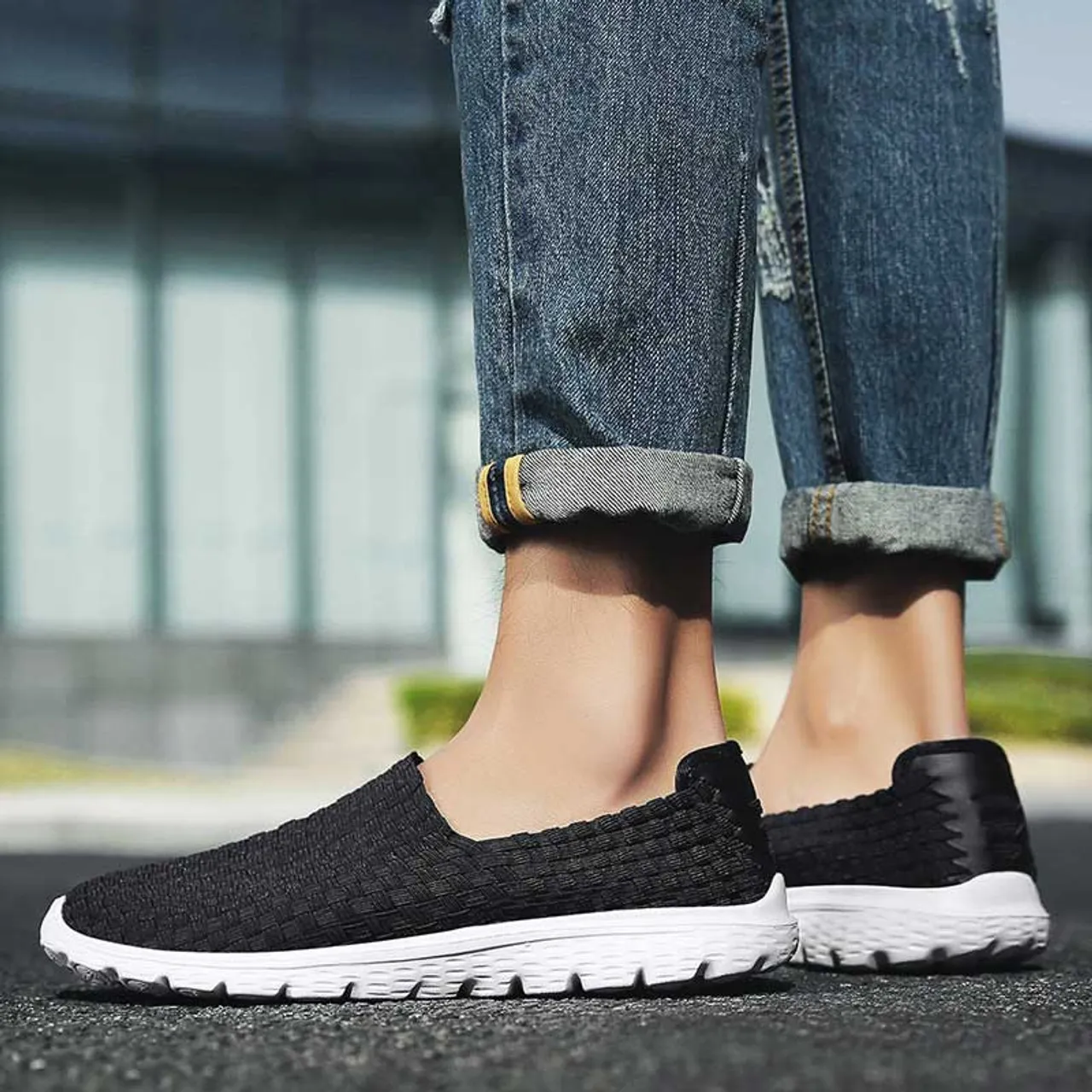 Black knit pattern simple slip on shoe sneaker