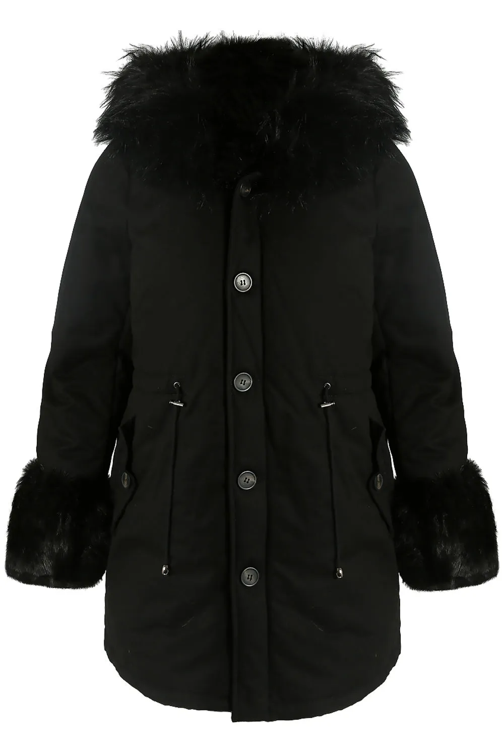 Black Parka Coat with Faux Fur Hood