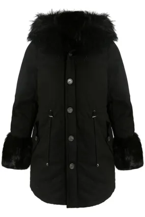 Black Parka Coat with Faux Fur Hood