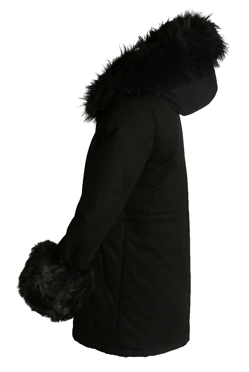 Black Parka Coat with Faux Fur Hood