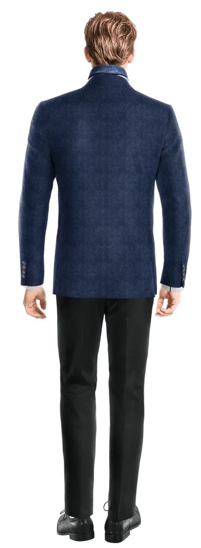  Blazer azul cobalto de tweed herringbone solapa redonda