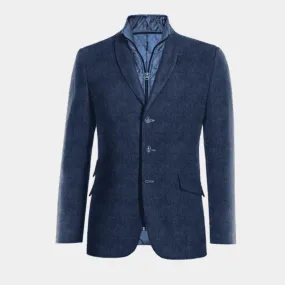  Blazer azul cobalto de tweed herringbone solapa redonda