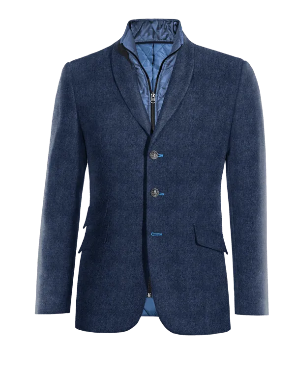  Blazer azul cobalto de tweed herringbone solapa redonda