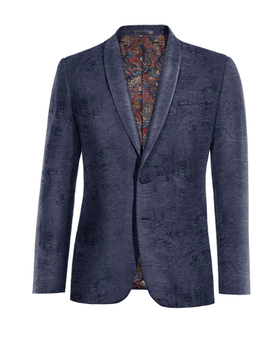  Blazer azul marino de terciopelo paisley solapa redonda