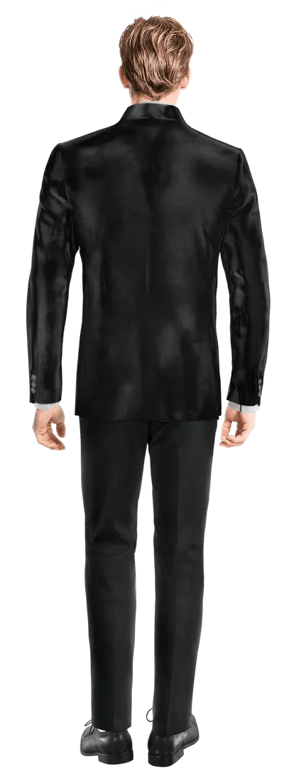  Blazer cuello mandarín negro Ónix de terciopelo slim fit