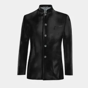  Blazer cuello mandarín negro Ónix de terciopelo slim fit