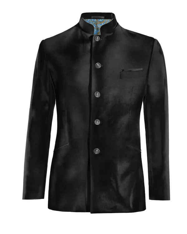  Blazer cuello mandarín negro Ónix de terciopelo slim fit