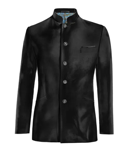  Blazer cuello mandarín negro Ónix de terciopelo slim fit