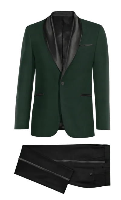  Blazer Esmoquin verde bosque con solapa en negro esencial y pantalón negro