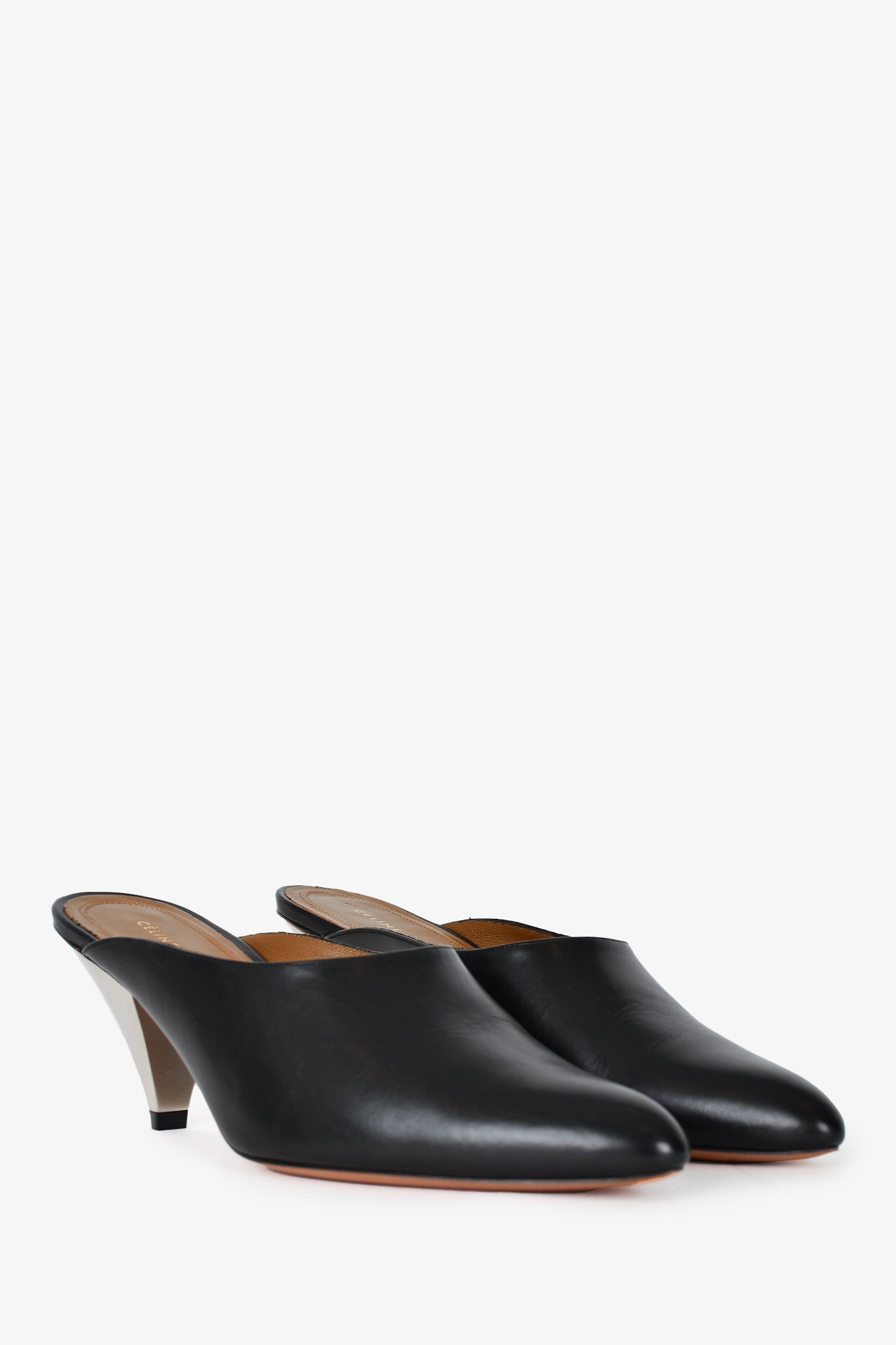 Celine Black Leather Cone Heel Mules Size 35.5