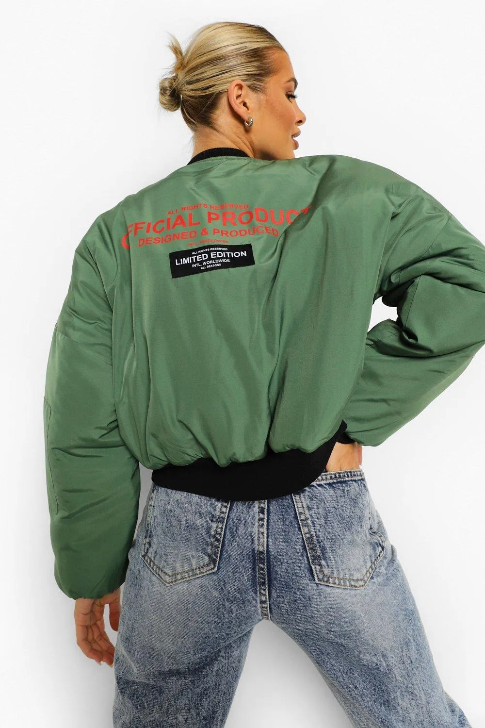 Crop Printed Oversized Bomber Jacket