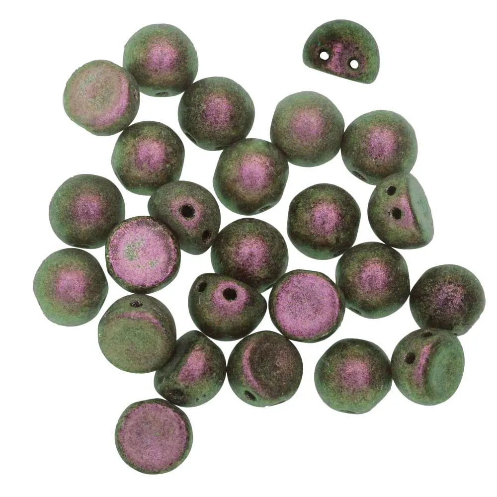 CzechMates Glass, 2-Hole Round Cabochon Beads 7mm Diameter, Black Currant Polychrome (2.5 Tube)