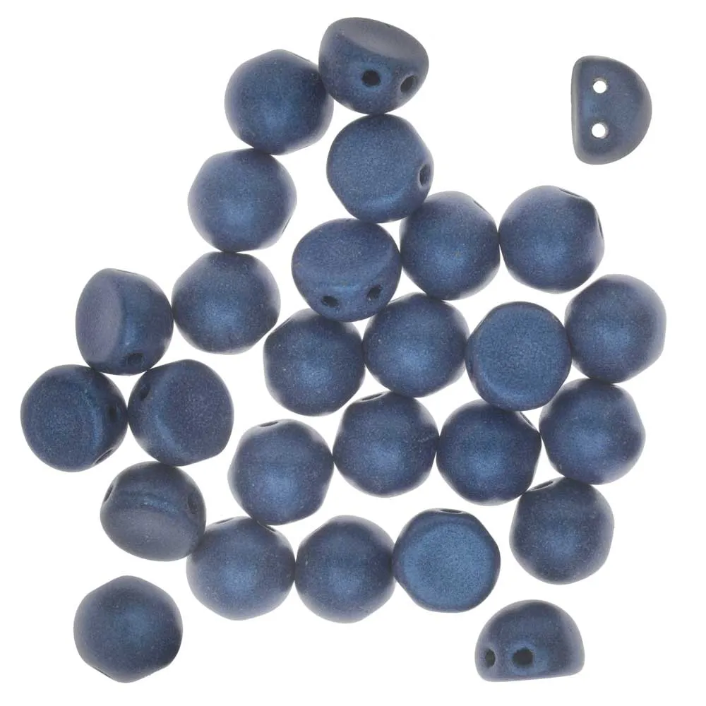 CzechMates Glass, 2-Hole Round Cabochon Beads 7mm Diameter, Metallic Blue Suede (2.5 Tube)