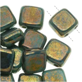 CzechMates Glass 2-Hole Square Tile Beads 6mm 'Bronze Picasso / Turquoise' (1 Strand)