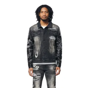 Embroidered Patched Racing Jean Jacket - Moon Black