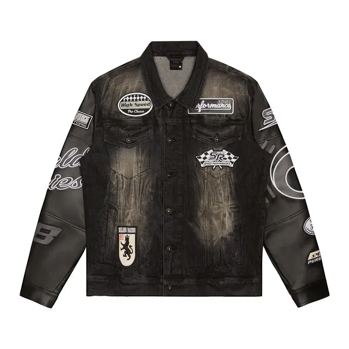 Embroidered Patched Racing Jean Jacket - Moon Black