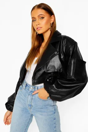 Extreme Sleeve Faux Leather Cropped Jacket