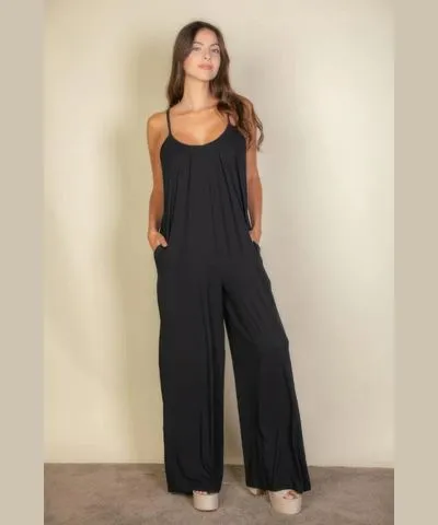 FASHNZFAB Spaghetti Strap Solid Wide Jumpsuit