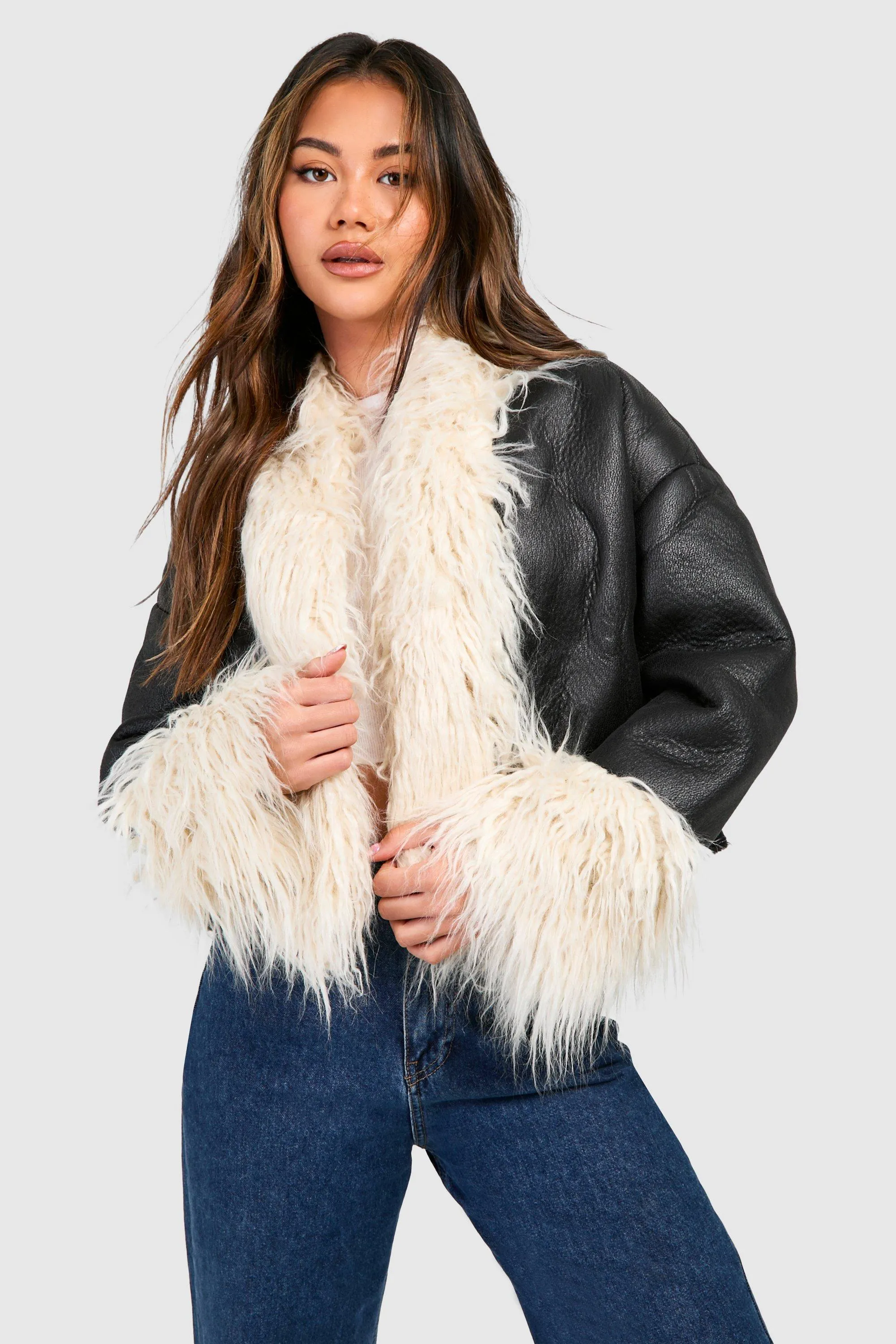 Faux Fur Trim Leather Jacket