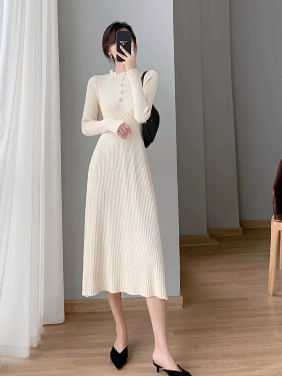 French elegant knitted dress for women autumn and winter 2023 new slim fit inner coat with over-the-knee sweater skirt