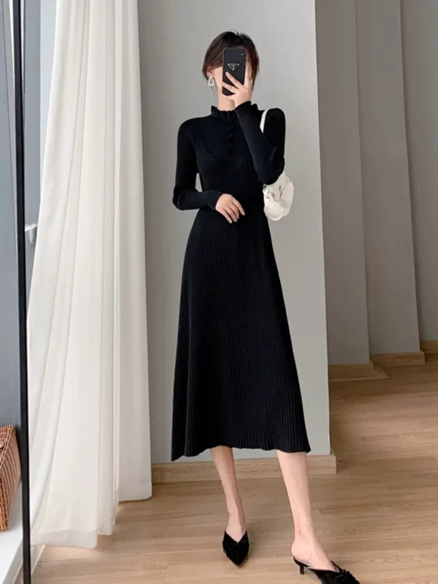 French elegant knitted dress for women autumn and winter 2023 new slim fit inner coat with over-the-knee sweater skirt