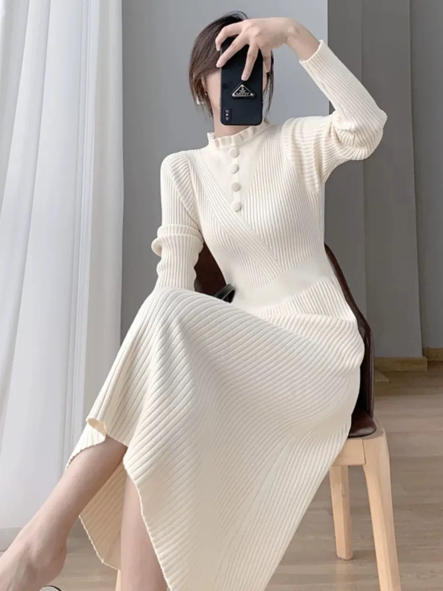 French elegant knitted dress for women autumn and winter 2023 new slim fit inner coat with over-the-knee sweater skirt