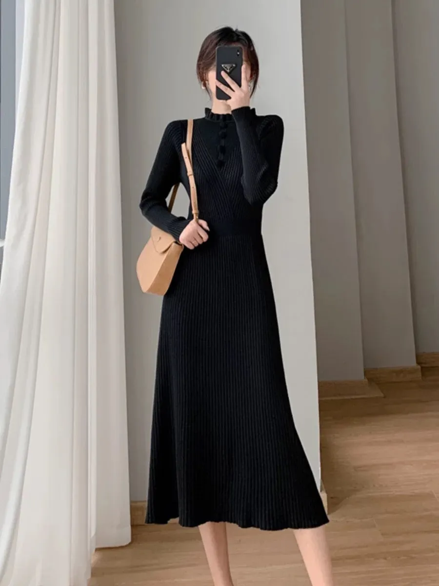 French elegant knitted dress for women autumn and winter 2023 new slim fit inner coat with over-the-knee sweater skirt