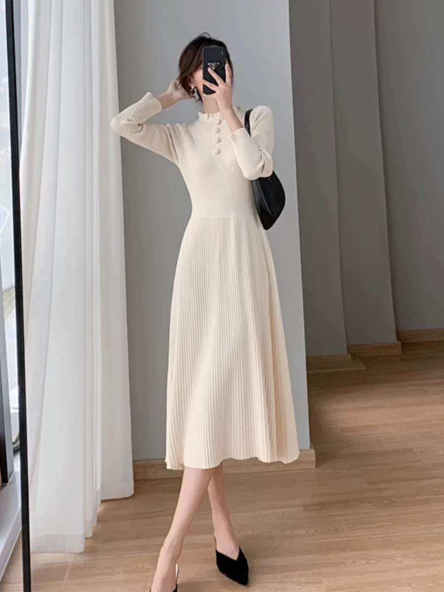 French elegant knitted dress for women autumn and winter 2023 new slim fit inner coat with over-the-knee sweater skirt