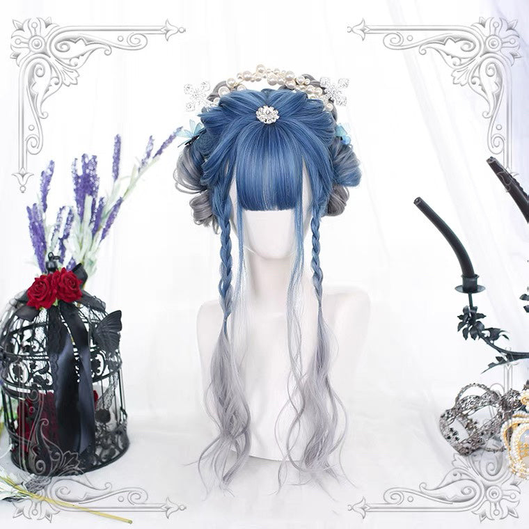 HARAJUKU LOLITA BLUE GRAY GRADIENT LONG CURLY WIG BY70165