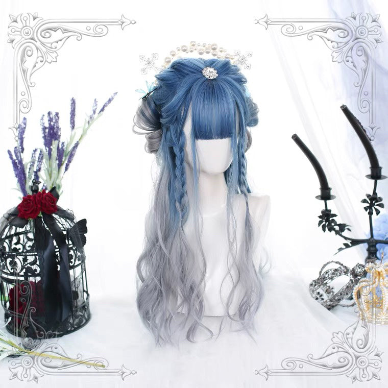 HARAJUKU LOLITA BLUE GRAY GRADIENT LONG CURLY WIG BY70165