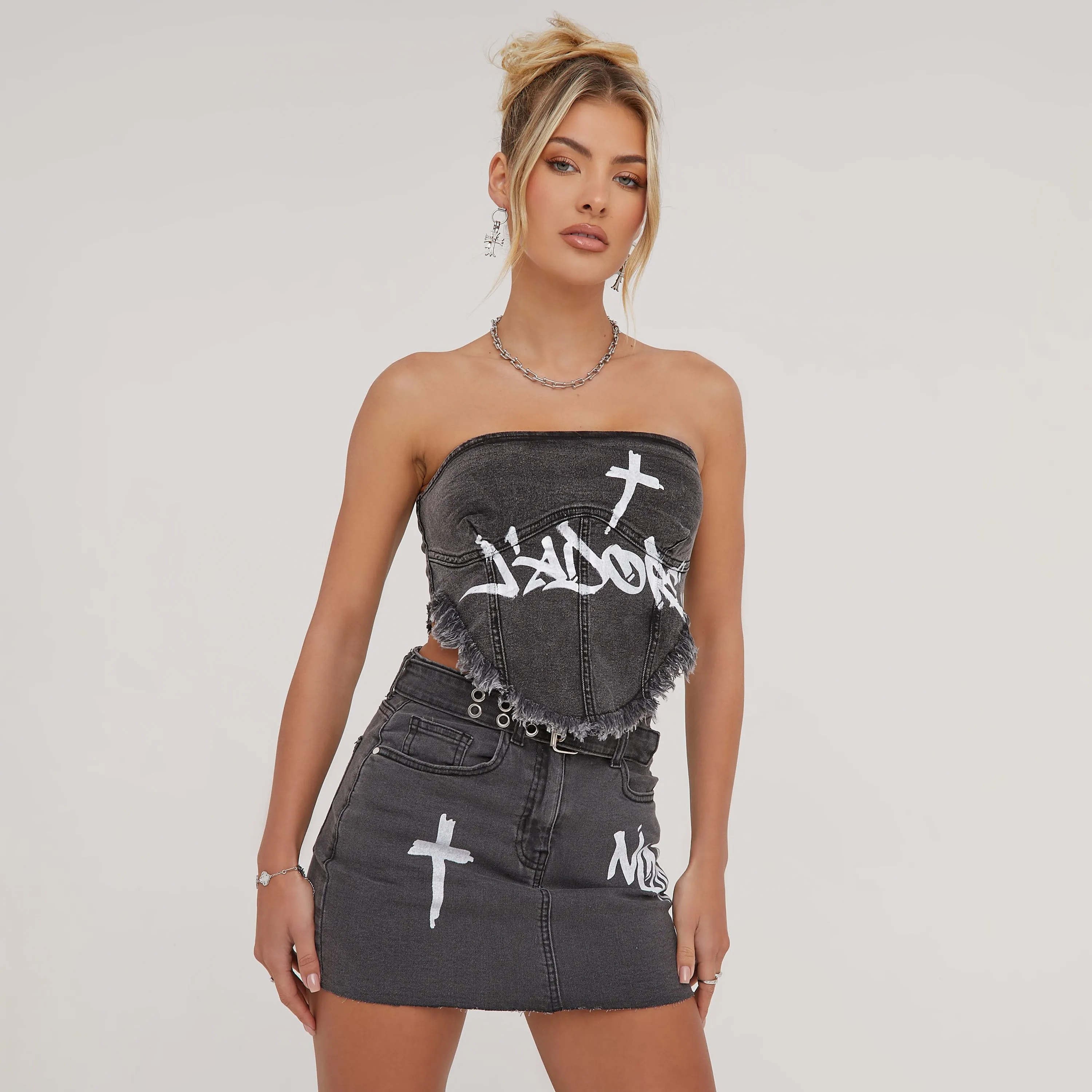 High Waist 'Noir' Slogan Crucifix Print Mini Skirt In Washed Black Denim