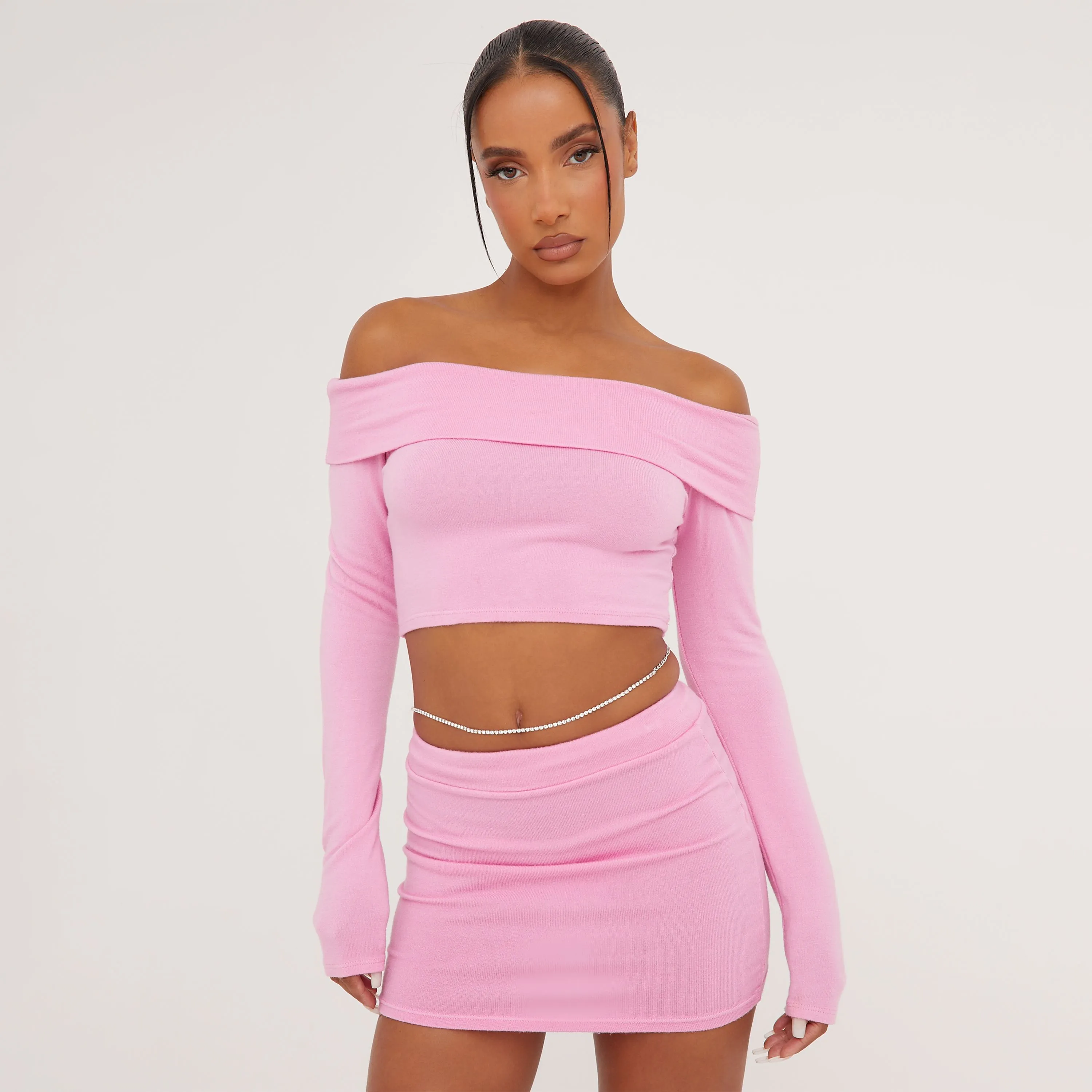 High Waist Mini Bodycon Skirt In Pink Knit