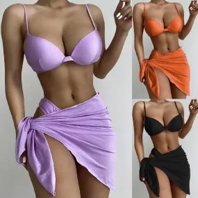 Hot Spring New Three-Piece Swimsuit European and American Solid Bikinis Women Swimsuit Underwire Push up Swimsuit Bikini