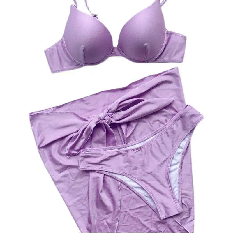 Hot Spring New Three-Piece Swimsuit European and American Solid Bikinis Women Swimsuit Underwire Push up Swimsuit Bikini