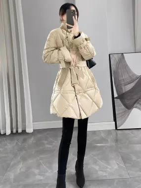 Khaki rhombus stitching stand collar down jacket for women winter 2023 new Korean style lace-up waist mid-length coat