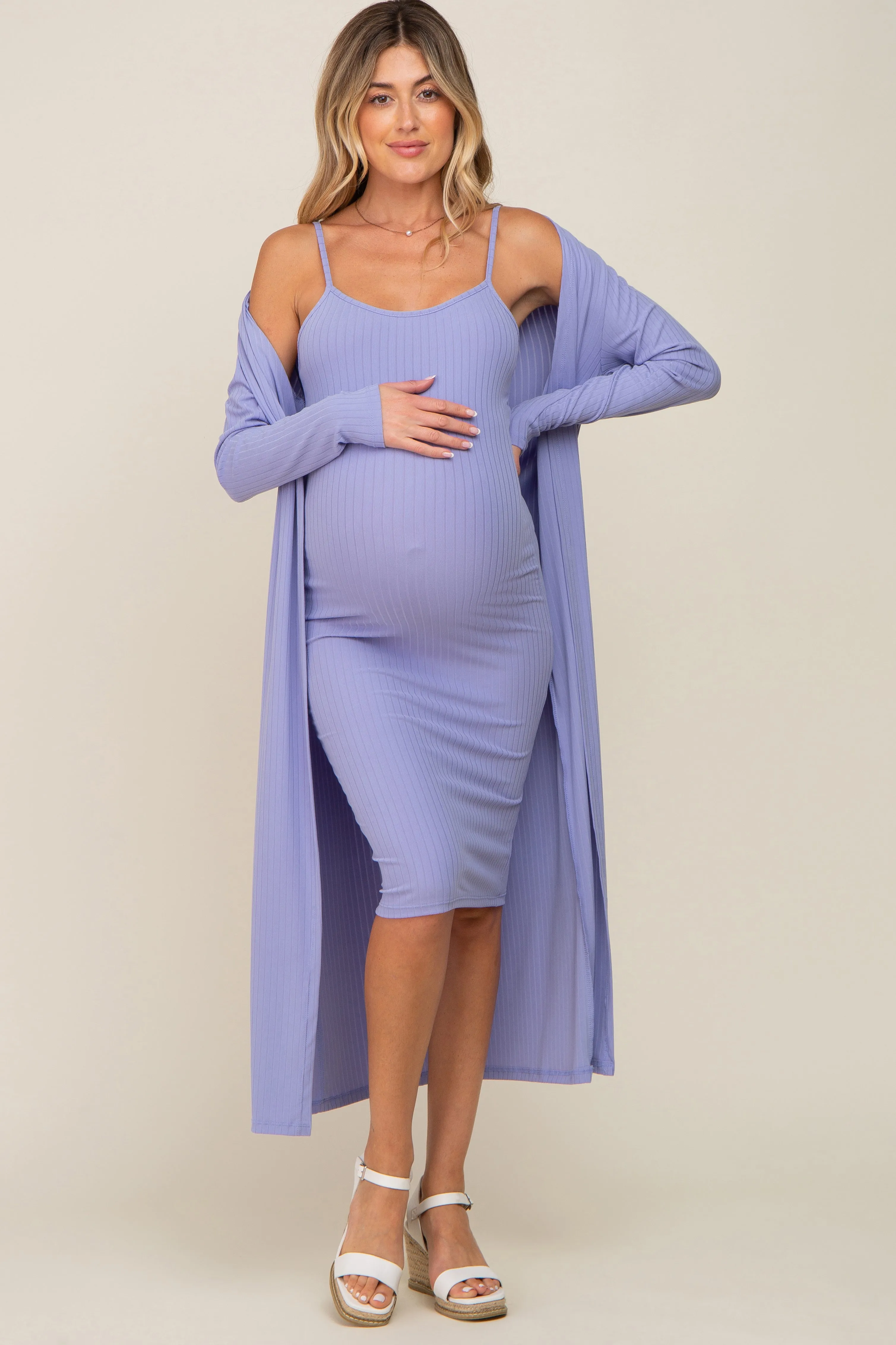 Lavender Ribbed Cardigan 2 Piece Maternity Set