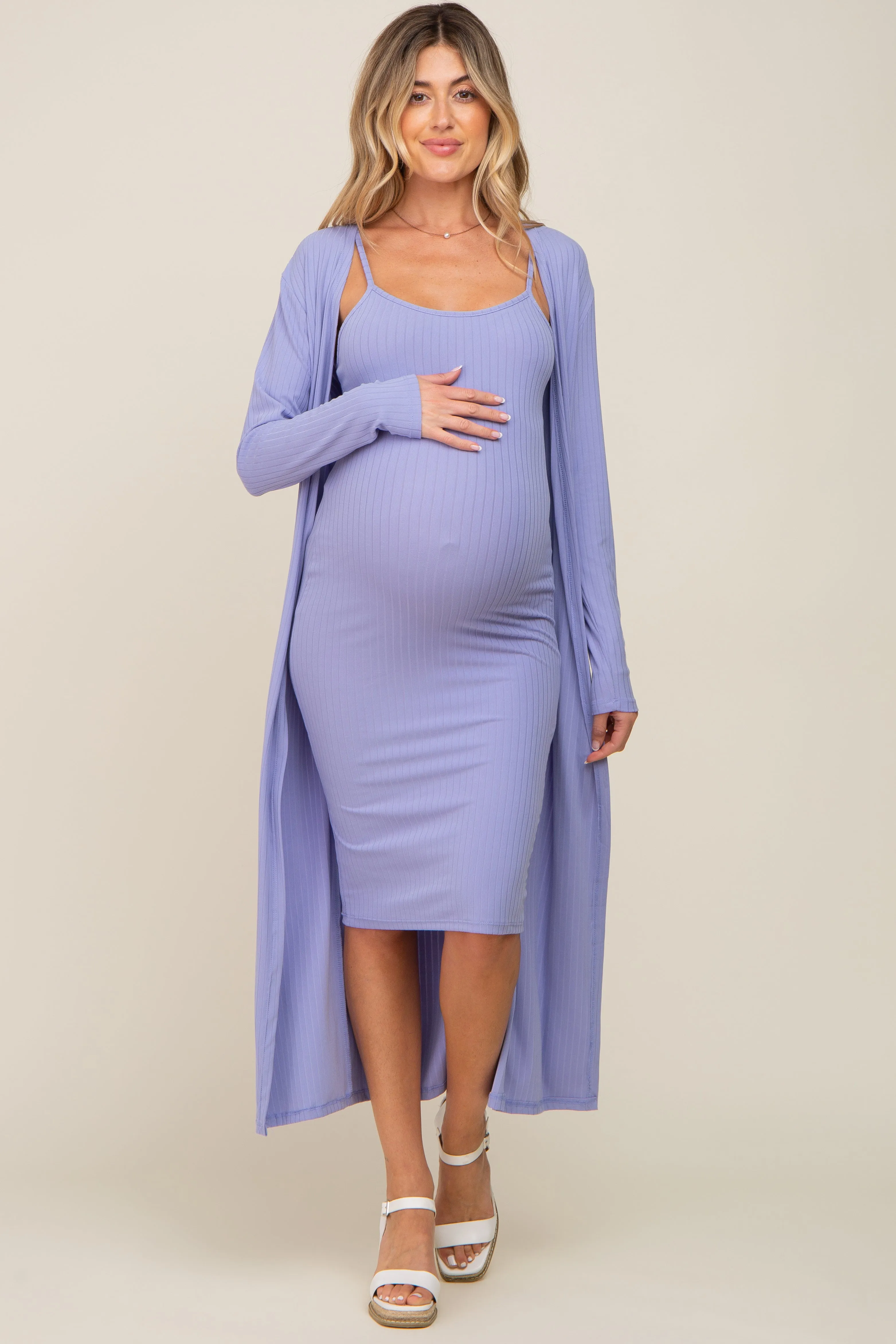 Lavender Ribbed Cardigan 2 Piece Maternity Set