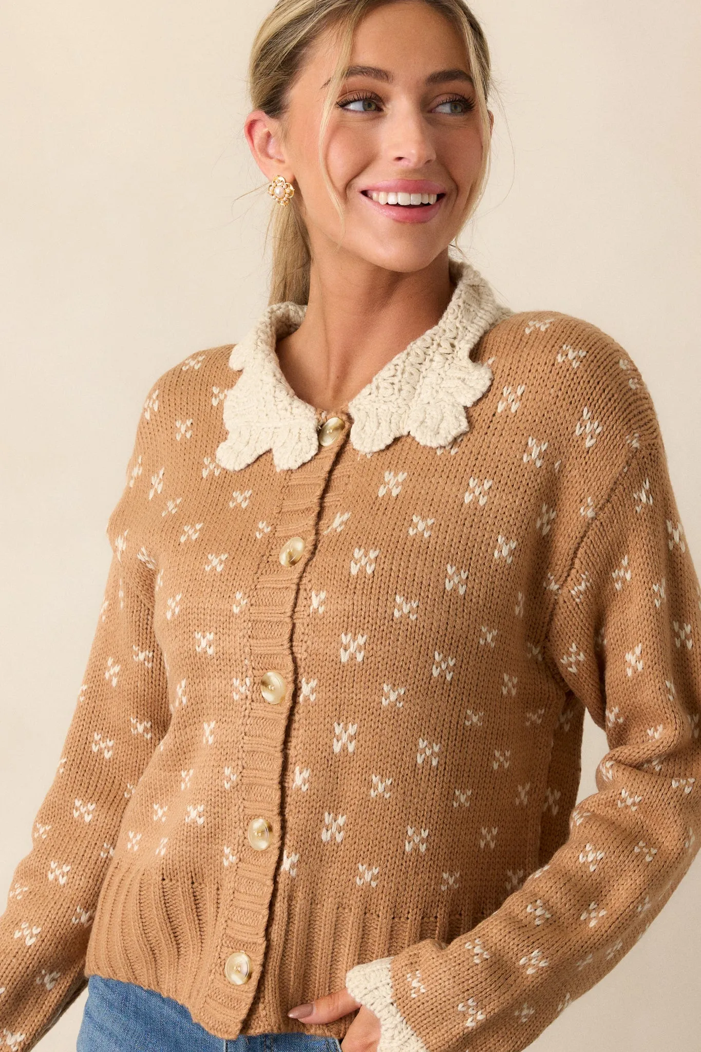 Lost In The Story Honey Knit Button Front Cardigan