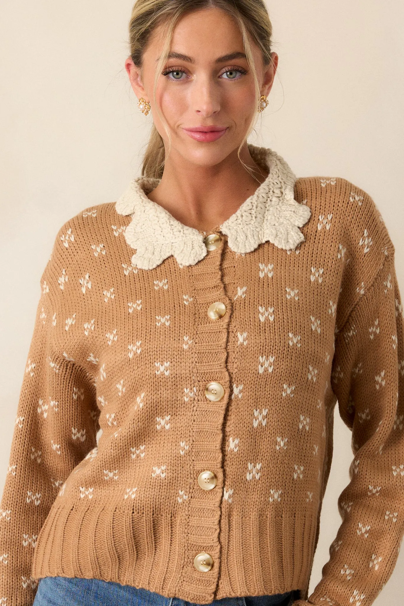 Lost In The Story Honey Knit Button Front Cardigan