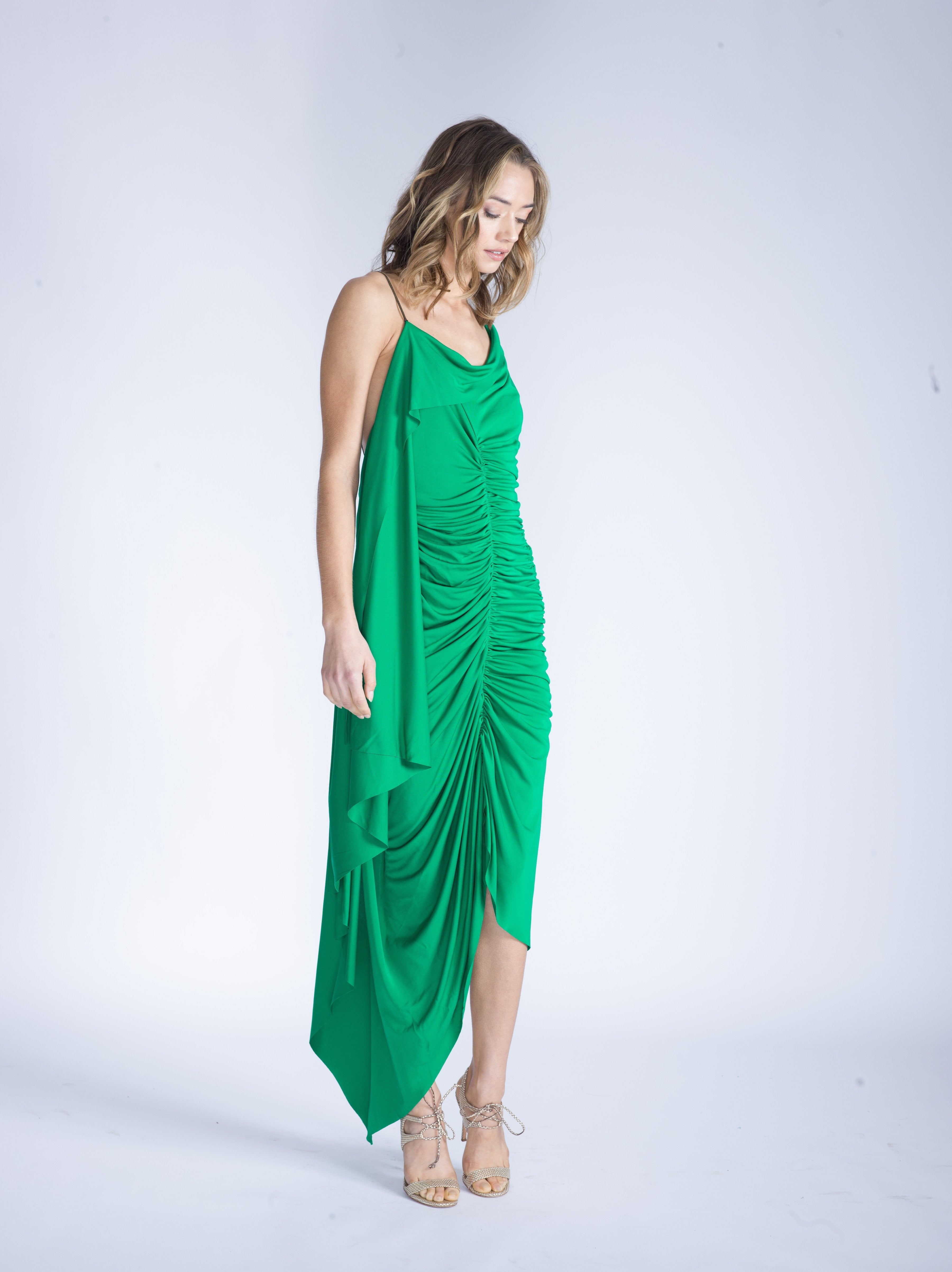 MARGOT Emerald A-Symmetrical Shirring Dress