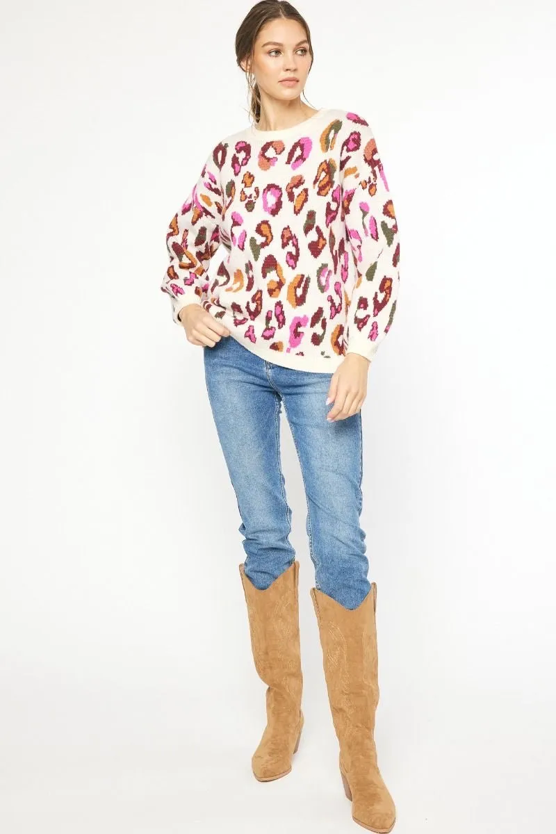 Mila Multi Color Leopard Print Long Sleeve Knit Sweater