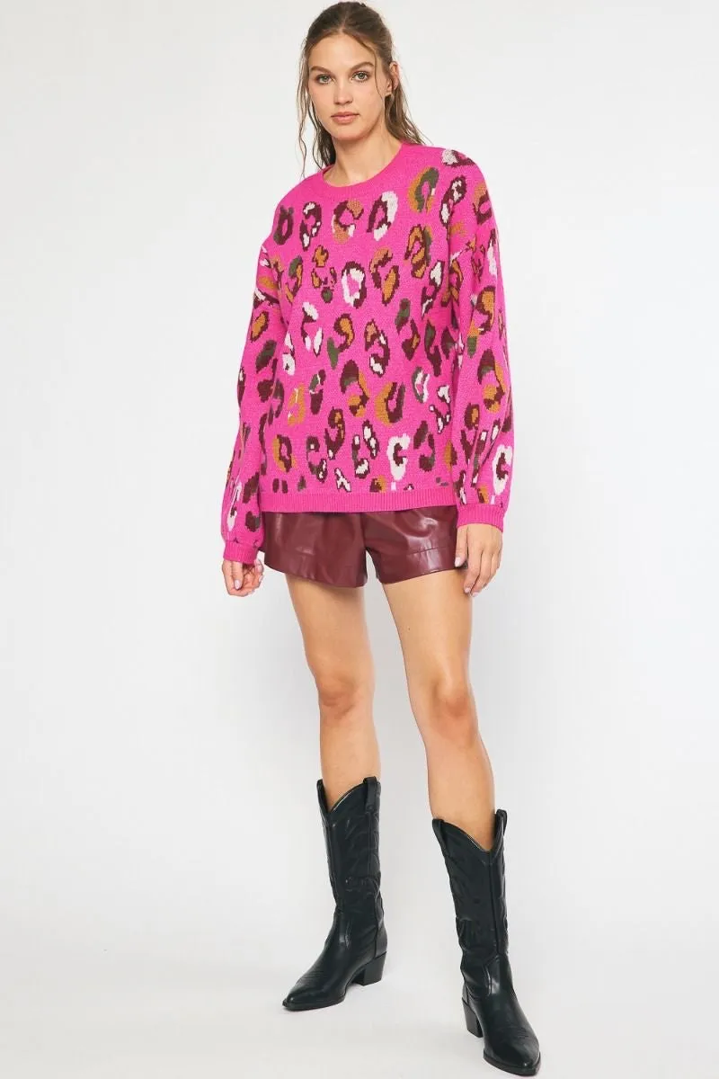 Mila Multi Color Leopard Print Long Sleeve Knit Sweater