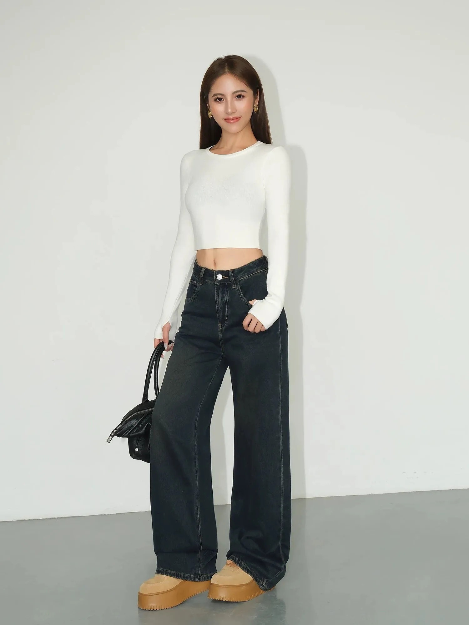 NEVA HU black straight wide-leg jeans for women in autumn new loose slimming high-waisted floor-length casual pants