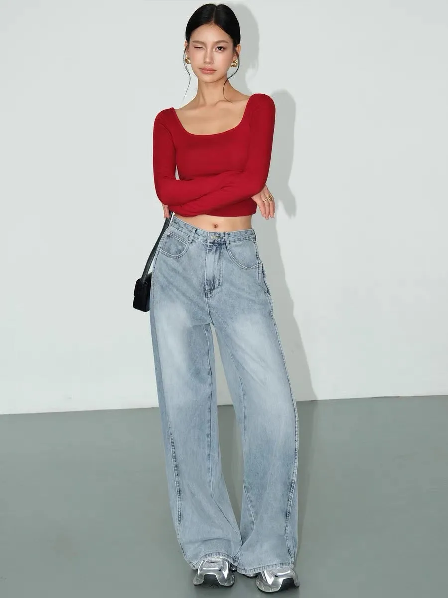 NEVA HU blue retro straight jeans for women 2024 high waist slimming loose wide leg pants floor mopping trousers