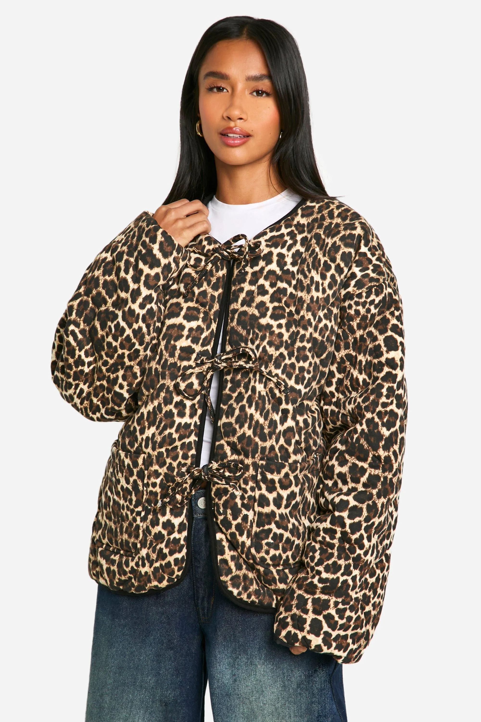 Petite Leopard Tie Detail Padded Jacket