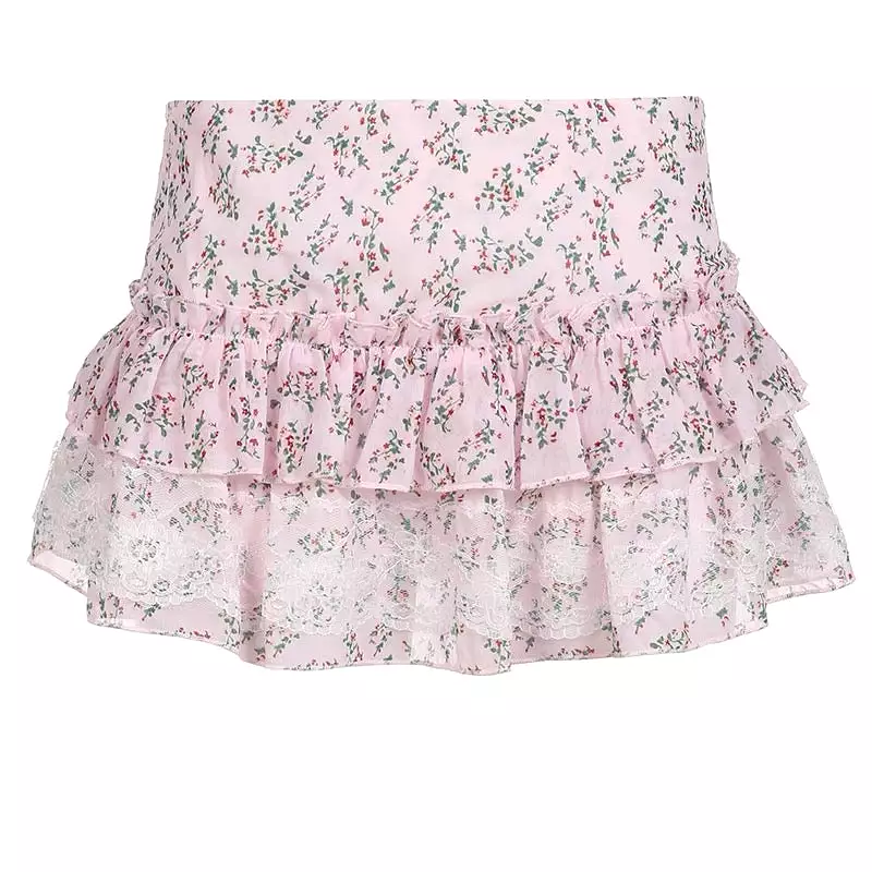 Pink Floral Lace Mini Skirt